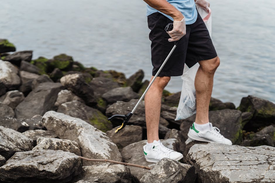 A person standing on a rocky shoreline by the water, wearing black shorts, a light blue T-shirt, and white sneakers with green accents. They are holding a litter picker tool in their right hand and wearing a disposable glove on the same hand. In their left hand, they hold a clear plastic bag filled with trash. The rocks vary in size and texture, some covered with patches of green moss or algae, extending along the water's edge. The background shows a calm body of water with gentle ripples, suggesting a seaside or lakeside environment. The scene appears to be part of an organized effort for waste collection or environmental cleanup, highlighting the importance of private or independent rubbish removal from natural settings. The natural lighting emphasizes the textures of the rocks and the details of the person's clothing and trash, aligning with the context of rubbish removal services working in outdoor environments with difficult access.